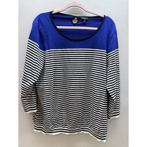 Talbots Color Block Knit Sweater 2x Plus Blue Black White Stripe 3/4 Sleeve EUC